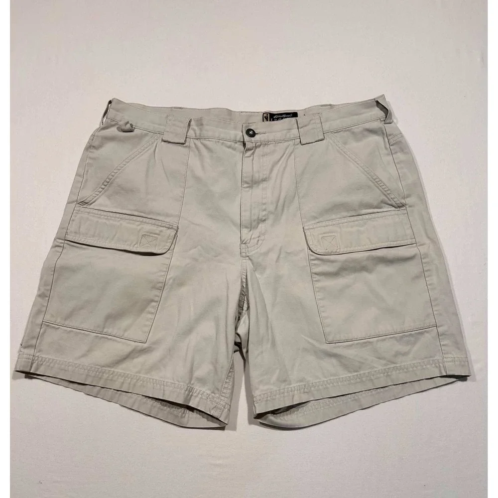 Eddie Bauer Legend Field Shorts Mens 38 Khaki Cotton Canvas Cargo Utility Tan